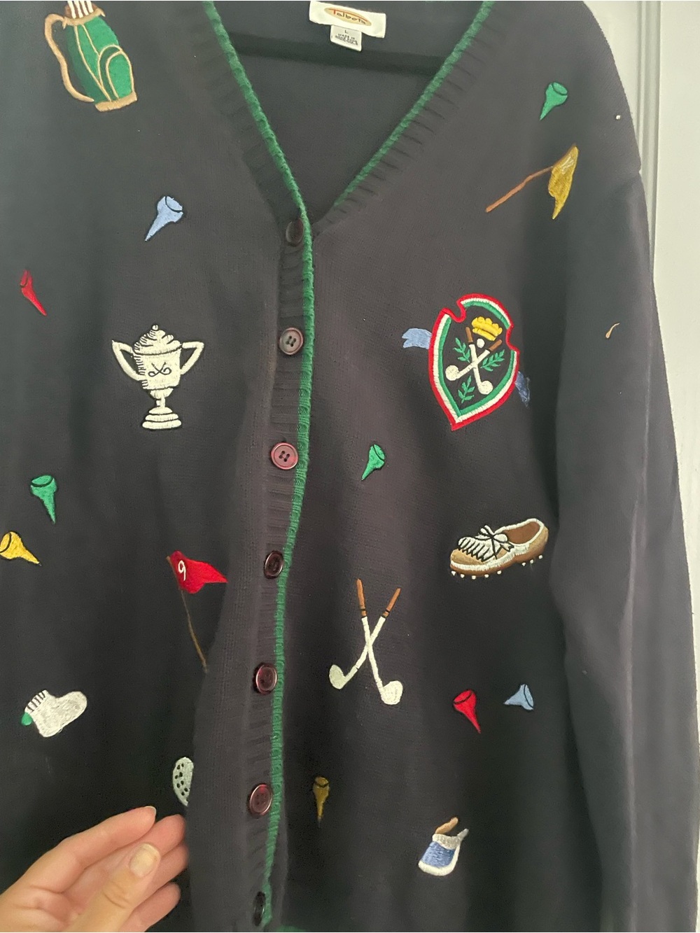 Talbots Navy Embroidered Golf-Themed Cardigan with Green Trim - Picture 3 of 7